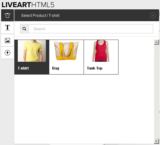 Select different products feature in LiveArt Html5 designer