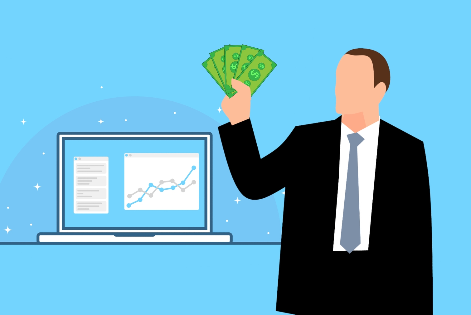 Man holding a lot of money, and profit increase graph on the background